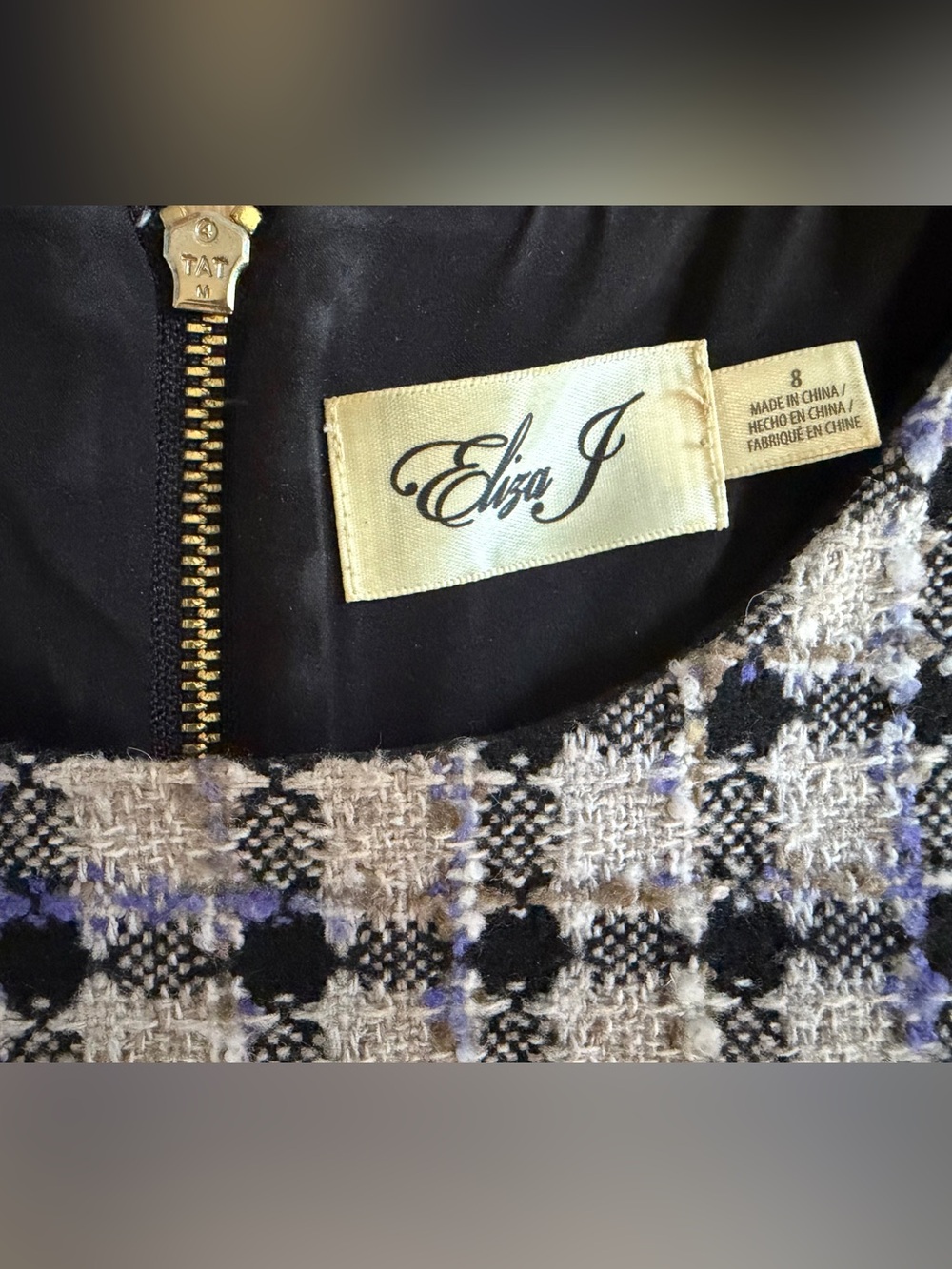 Eliza J Black, White & Blue Plaid Tweed Midi Dress - Picture 3 of 6